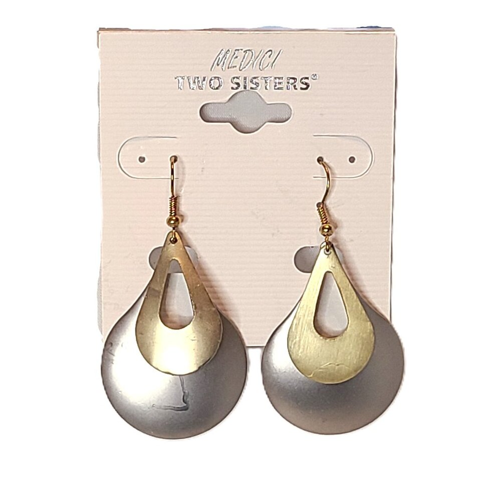 NWT Medici Two Sisters Silver Gold Tone Drop Dangle Hook Earrings Teardrop
